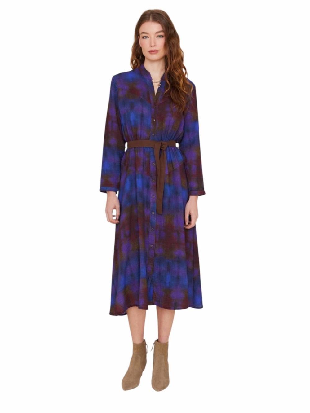 XIRENA Persephone Long Sleeve Midi Dress in Celestial Blue Multi Size Small